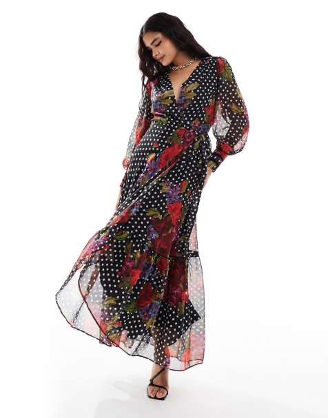 Hope & Ivy - Maxi jurk met blousonmouwen, overslag, kanten manchetten en bloemenprint in donkerrood - view 1