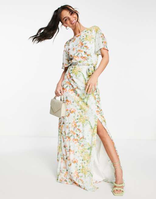 Hope & Ivy - Maxi jurk met gedrapeerde halslijn en split op de achterkant in saliegroen met bloemenprint