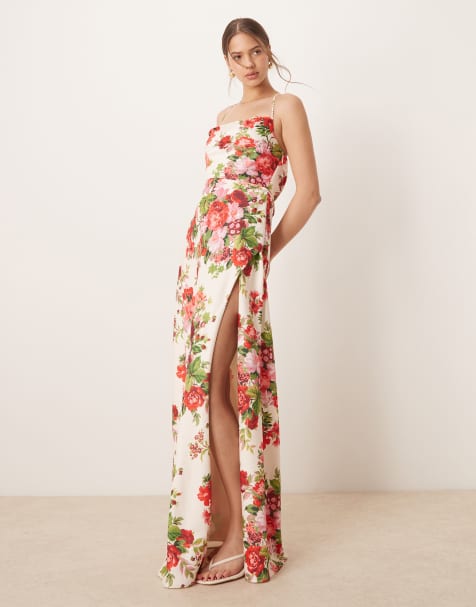 Hope & Ivy - Maxi jurk met gedrapeerde halslijn, gekruiste achterkant en dijsplit in wit met rode bloemenprint - view 1