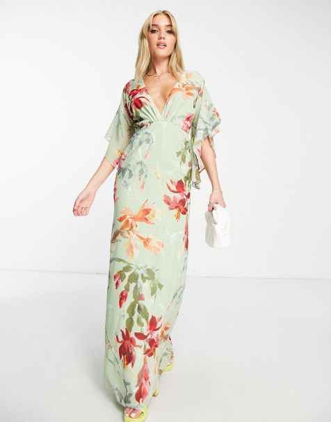 Hope & Ivy - Maxi-jurk met open rug in saliegroen met bloemenprint - view 1