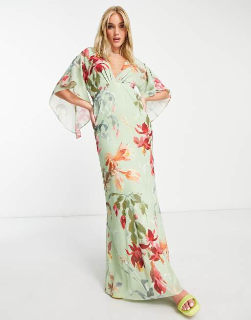 Hope & Ivy - Maxi-jurk met open rug in saliegroen met bloemenprint, 4 van 4