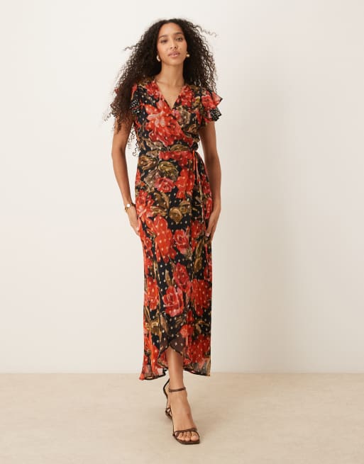 Hope & Ivy - Maxi jurk met overslag aan de voorkant en ruches aan de mouwen met bloemenprint in zwart en rood