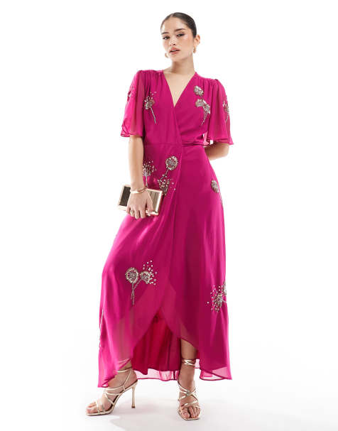 Hope & Ivy - Maxi-jurk met overslag, versiering, fladdermouwen en gestrikte taille in magenta - view 1