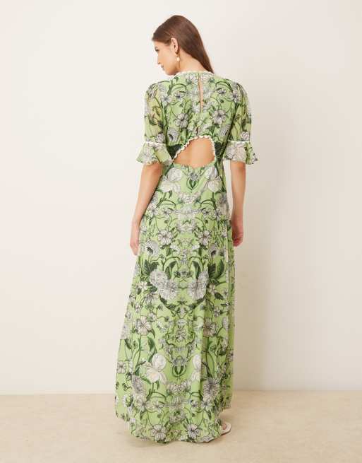 Hope & Ivy - Maxi jurk met ruches aan de mouw, dijsplit en open achterkant in rood multi , 3 van 4