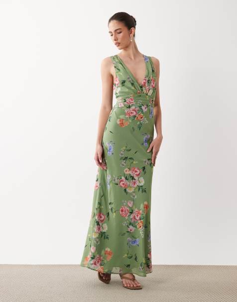 Hope & Ivy - Maxi jurk met V-hals, knopen aan de voorkant en gestrikte taille in groen met bloemenprint - view 1