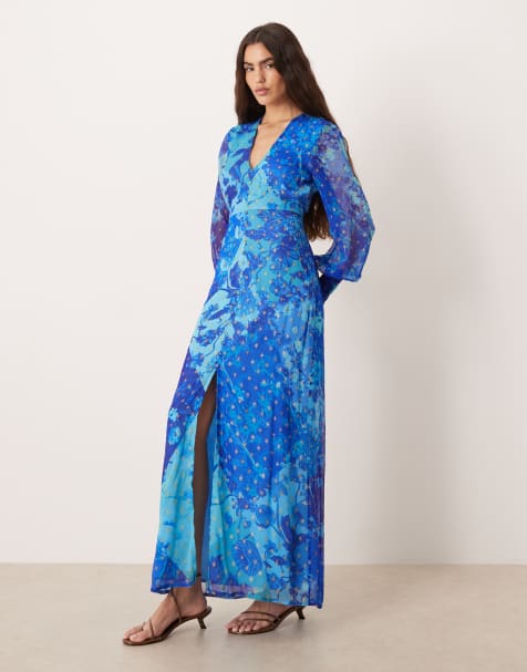 Hope & Ivy - Maxi-jurk met V-hals, knopen aan de voorkant en lange mouwen in blauwe bloemenprint - view 1