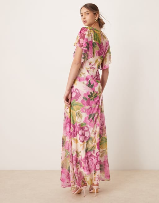 Hope & Ivy - Maxi watervaljurk met gedrapeerde halslijn in roze print, 4 van 4