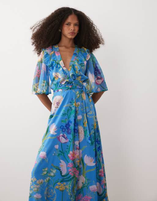 Hope & Ivy – Maxi-Wickelkleid in Blau mit Blumenmuster, Flügelärmeln und Bindegürtel, 2 von 4