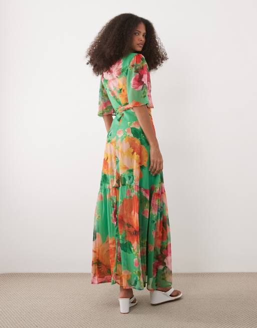 Hope & Ivy – Maxi-Wickelkleid in Grün mit Blumenmuster, Flügelärmeln und Bindegürtel, 4 von 4