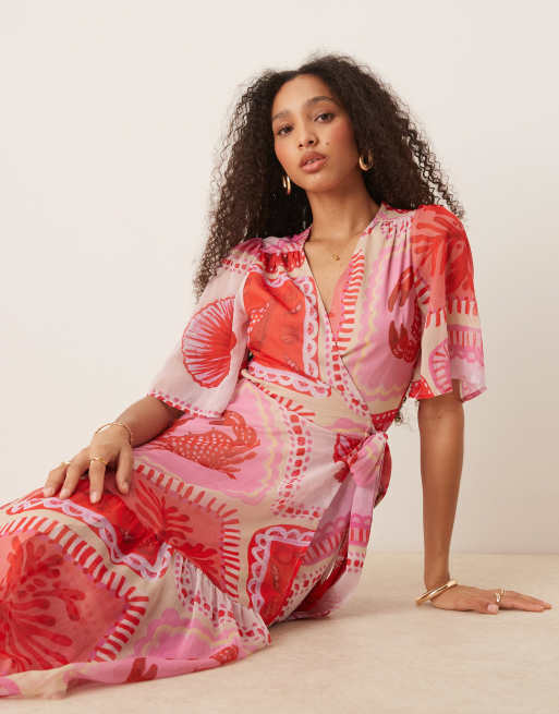 Hope & Ivy - Maxi-wikkeljurk met fladderende mouwen in roze strandprint, 2 van 4
