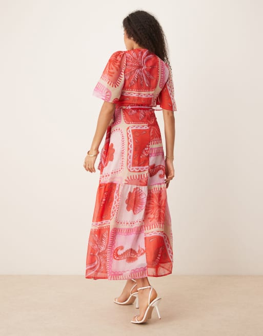 Hope & Ivy - Maxi-wikkeljurk met fladderende mouwen in roze strandprint, 3 van 4