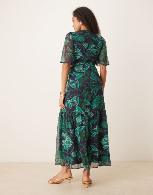 Hope & Ivy - Maxi wikkeljurk met fladdermouwen in turquoise palmprint, 3 van 4