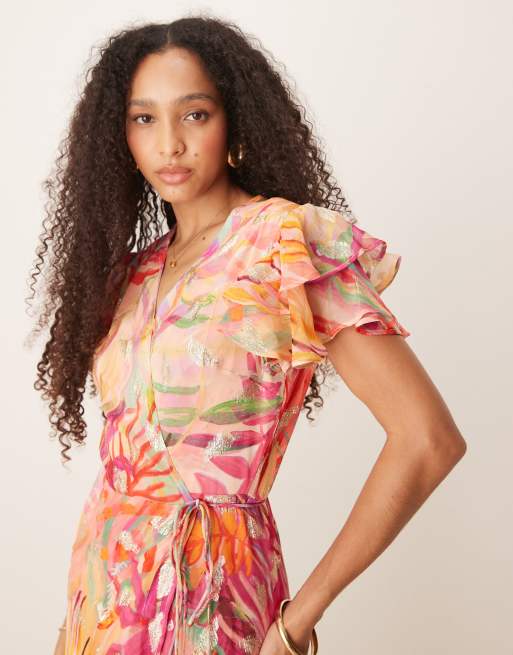 Hope & Ivy - Maxi wikkeljurk met ruches in koraal met gouden vlek, 4 van 4