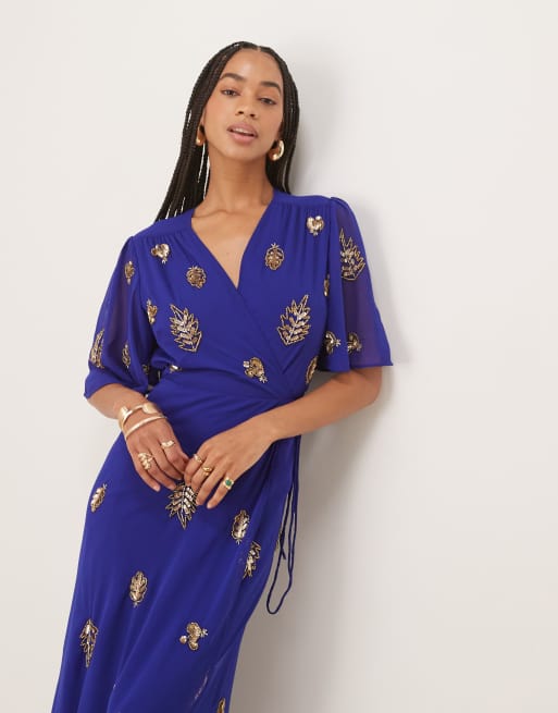 Hope & Ivy - Maxi wikkeljurk met versiering in blauw, 2 van 4