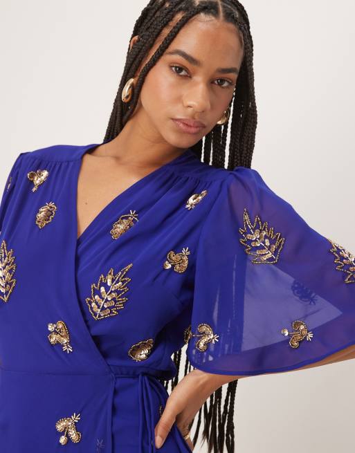 Hope & Ivy - Maxi wikkeljurk met versiering in blauw, 4 van 4
