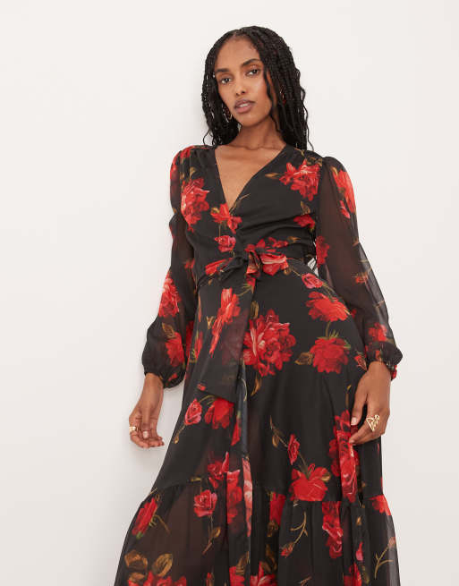 Hope & Ivy – Maxikleid in Schwarz mit rotem Blumenmuster und Wickeldesign auf der Vorderseite, 2 von 4
