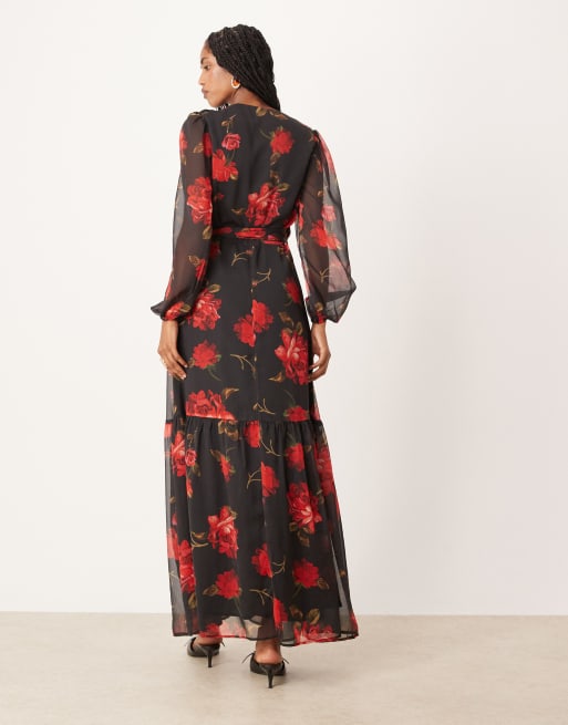 Hope & Ivy – Maxikleid in Schwarz mit rotem Blumenmuster und Wickeldesign auf der Vorderseite, 4 von 4