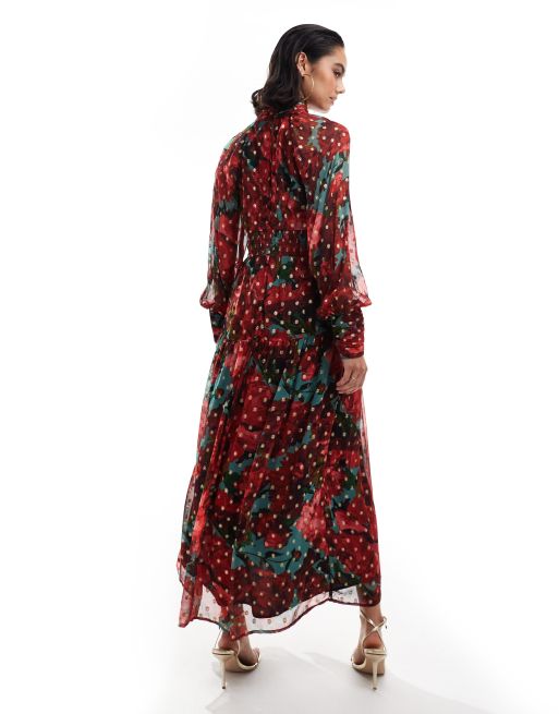 Hope Ivy midaxi dress in metallic dobby mesh in red floral ASOS