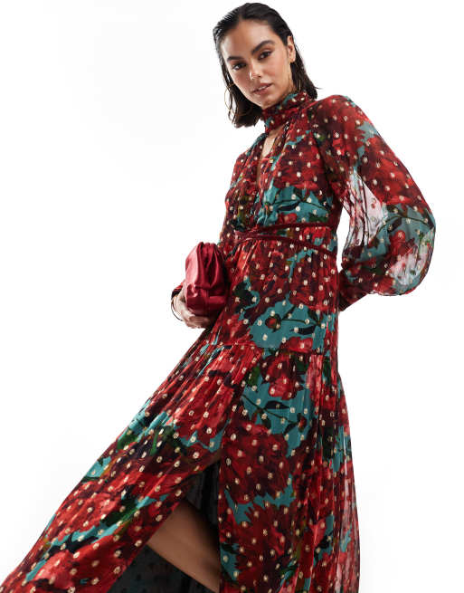Hope & Ivy midaxi dress in metallic textured mesh in red floral 