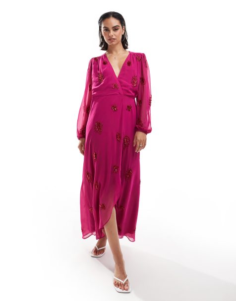 Hope & Ivy - Midaxi jurk met versiering en overslag in fuchsia roze - view 1