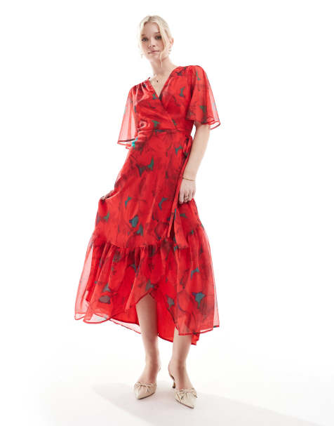Hope & Ivy - Midaxi wikkeljurk met fladdermouwen en gestrikte taille in rode print - view 1
