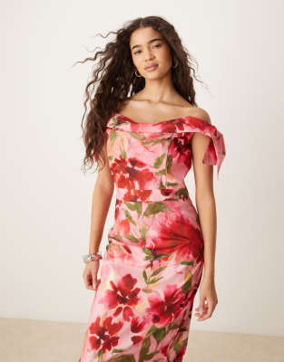 Hope & Ivy - Midi-Bleistiftkleid in Rosa mit Blumenmuster, Bardot-Ausschnitt und Ärmeldetail