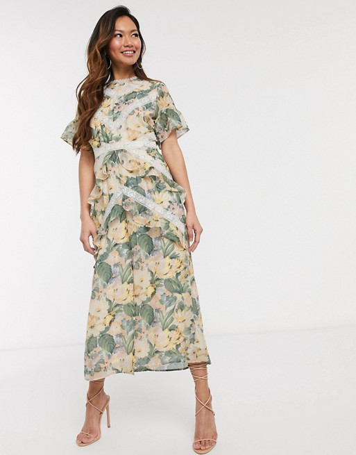 Hope & Ivy midi dress with lace panels in spring rose print