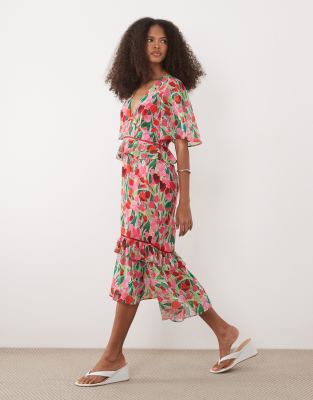 Midi-Freizeitkleid in Grün mit Schößchen-Taille und Blütenmuster-Rosa Rosa 34