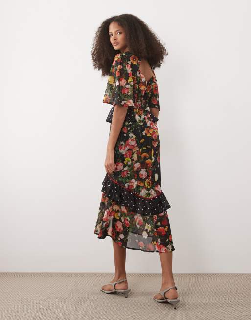 Hope & Ivy – Midi-Freizeitkleid mit Schößchen und schwarzem Punkte- und Blumenmuster, 2 von 4
