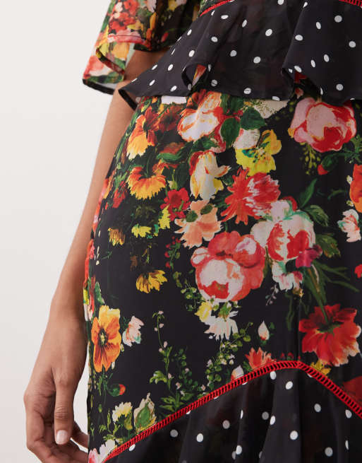Hope & Ivy – Midi-Freizeitkleid mit Schößchen und schwarzem Punkte- und Blumenmuster, 3 von 4