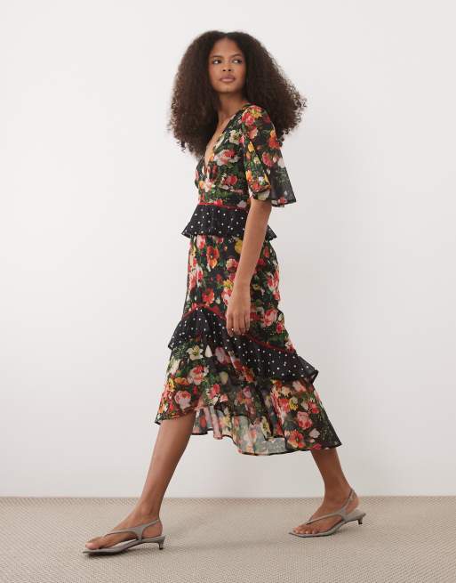 Hope & Ivy – Midi-Freizeitkleid mit Schößchen und schwarzem Punkte- und Blumenmuster, 4 von 4
