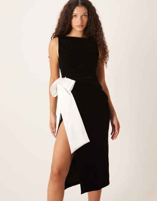 Hope & Ivy - Midi-jurk met contrasterende satijnen strik in zwart, 4 van 4