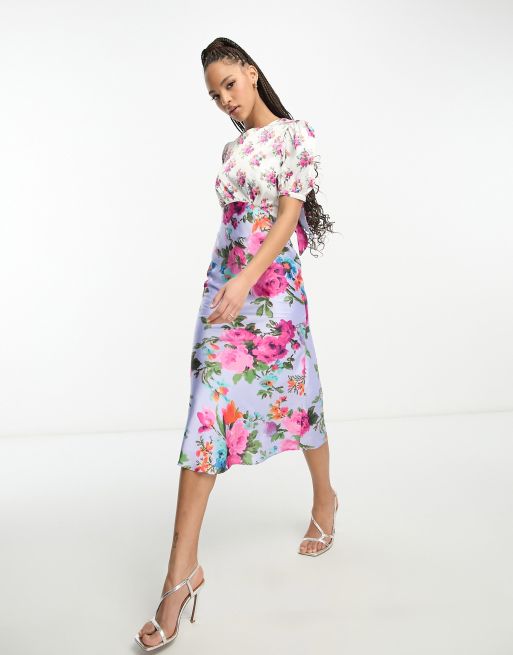 Hope & Ivy - Midi-jurk met gestrikte achterkant, pofmouwen en contrasterende bloemenprint