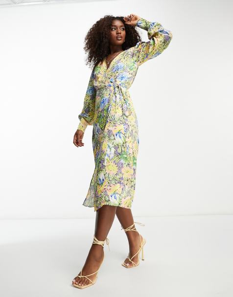 Hope & Ivy - Midi jurk met gestrikte overslag in geel met groene bloemenprint - view 1