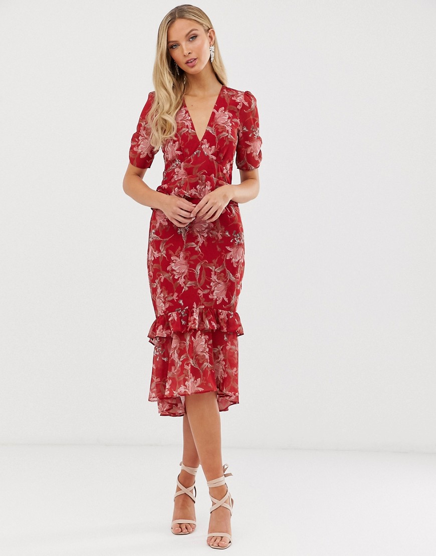 Hope & Ivy - midi-jurk met korte mouwen, ruches en bloemenprint-rood