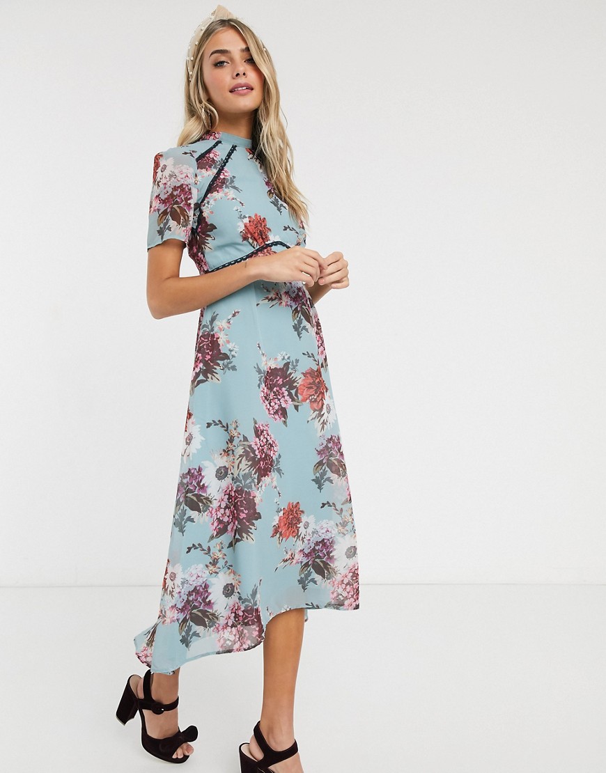 Hope & Ivy - Midi-jurk met open achterkant met grijze bloemenprint-Multi