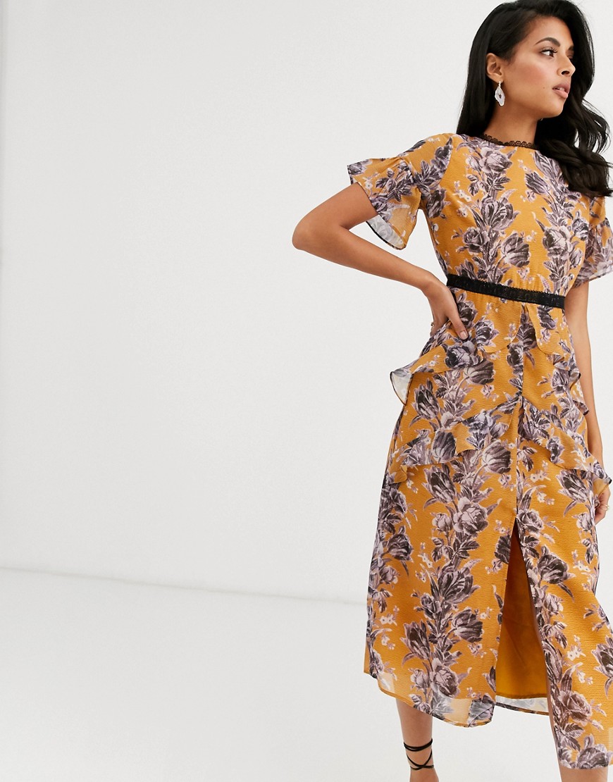 Hope & Ivy - Midi-jurk met ruches en bloemenprint in oranje