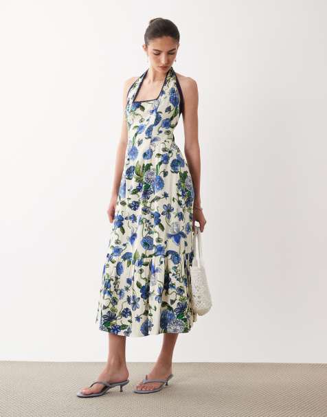 Hope & Ivy - Midi jurk met vierkante hals, halternek en gestrikte achterkant in blauwe bloemenprint - view 1