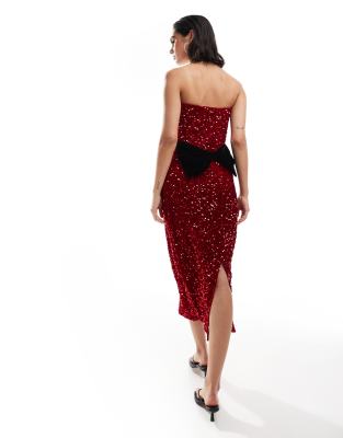 midi sequin dress with velvet bow back in red