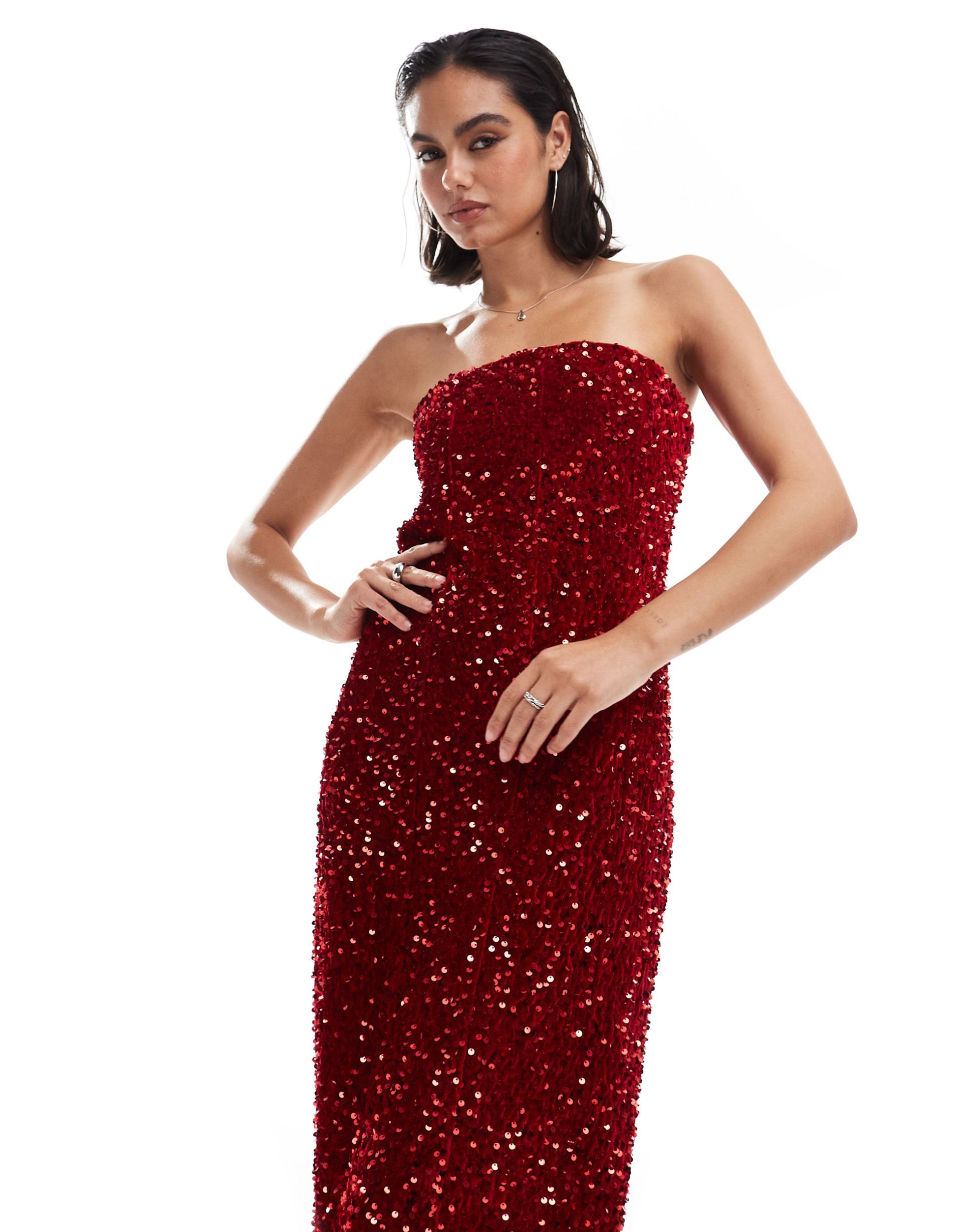 hope & ivy midi sequin dress with velvet bow back in red