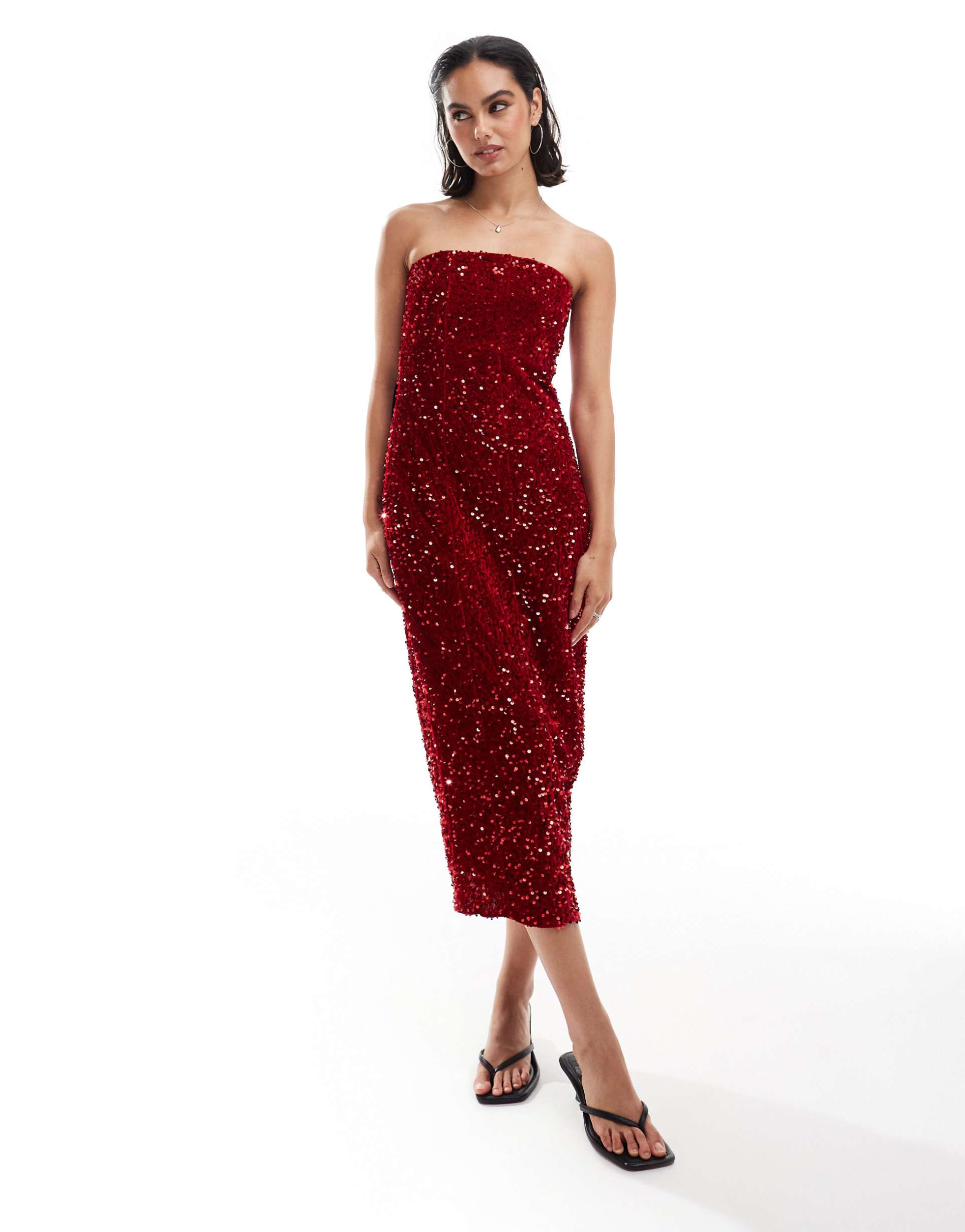 hope & ivy midi sequin dress with velvet bow back in red
