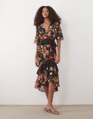 Hope & Ivy Midi Tea Dress With Peplum Waist In Multi