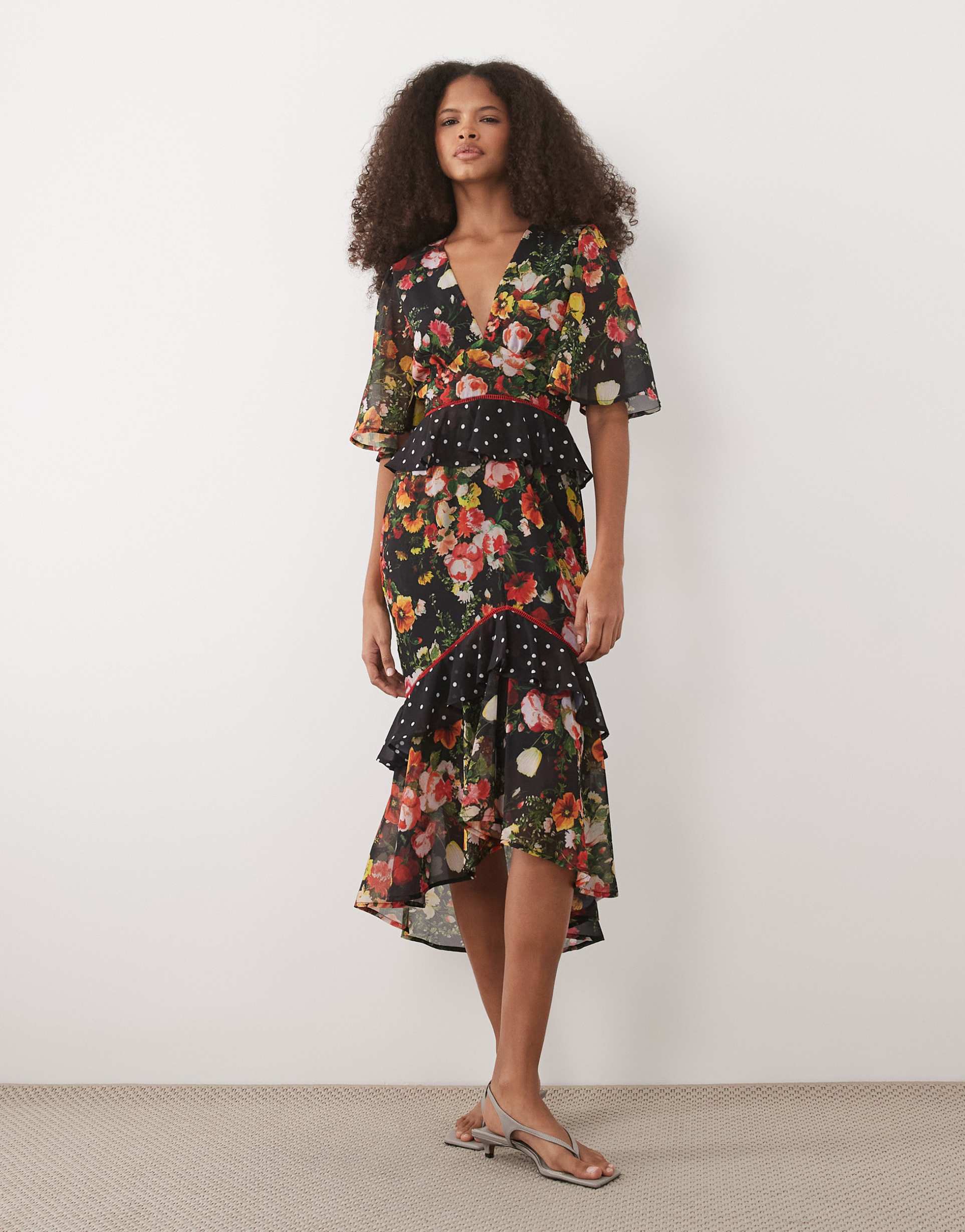 hope & ivy midi tea dress with peplum waist in black polka dot floral