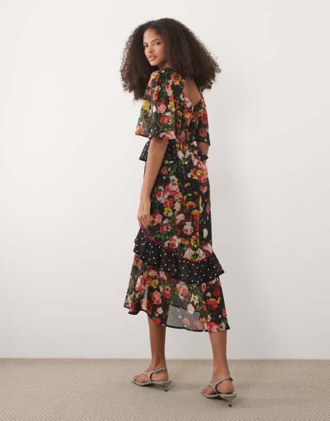 black dress with flowers on top FARM Rio Black Latin Roses 3d Flower Layered Maxi Dress, Latin Roses Black / XXS main image 0