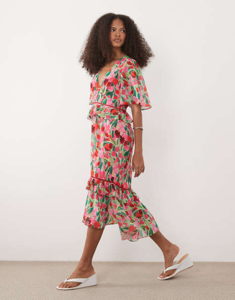 Hope & Ivy midi tea dress with peplum waist in green petal print - view 1