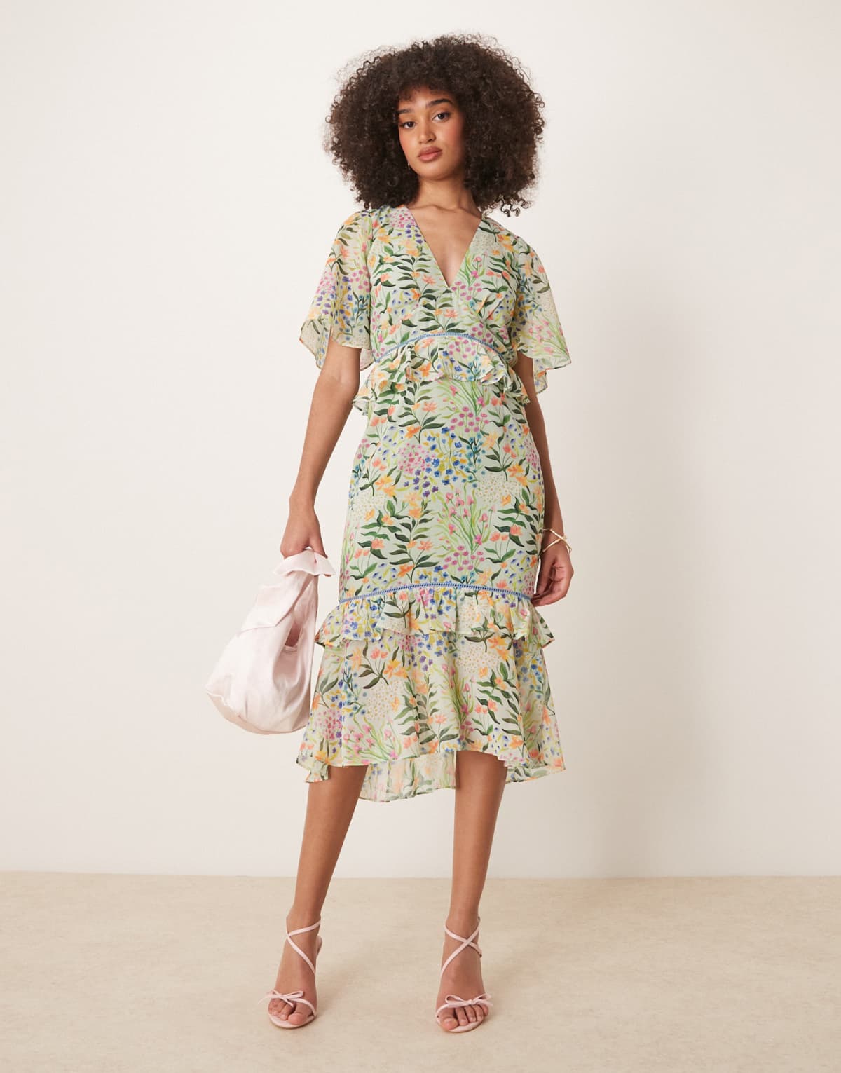 Hope & Ivy midi tea dress with peplum waist in green print