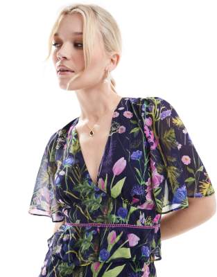 Hope & Ivy Midi Tea Dress With Peplum Waist In Navy