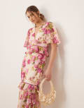 [Hope & Ivy] Hope & Ivy midi tea dress with peplum waist in pink print 6 Pink Multi