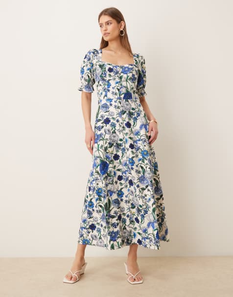 Hope & Ivy - Midikjole med knapper og slids foran i blåt blomstermønster - view 1