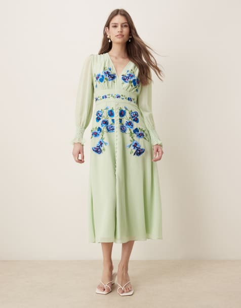 Hope & Ivy embroidered wrap front sheer sleeve midi dress in mint green